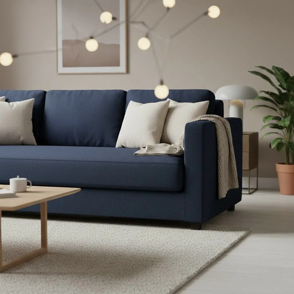 Elastic sofa cover on a modern grey sofa