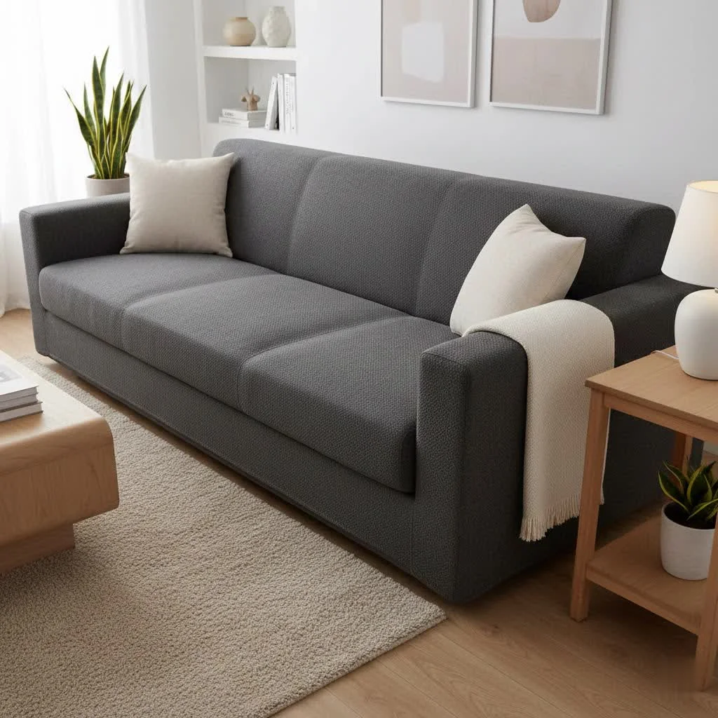 Dog proof sofa cover on a gray couch