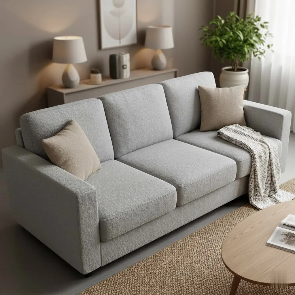 Polyester sofa cover on a modern gray sofa