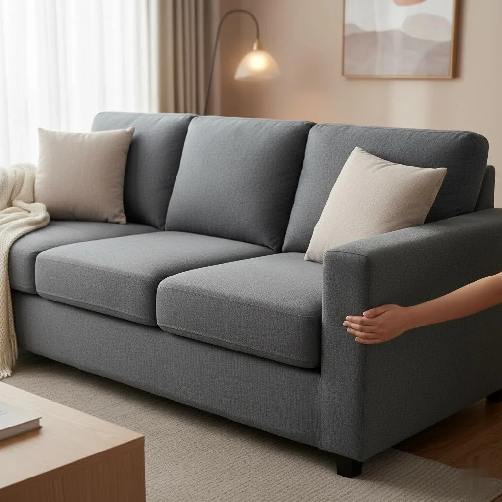 Corner sofa with a protective cover in a modern living room