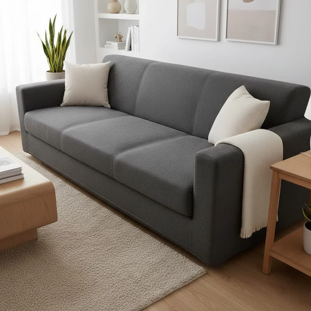 Non-slip sofa cover on a gray couch