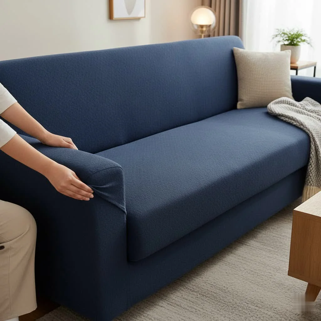 Elegant cream sofa cover draped over a modern sofa