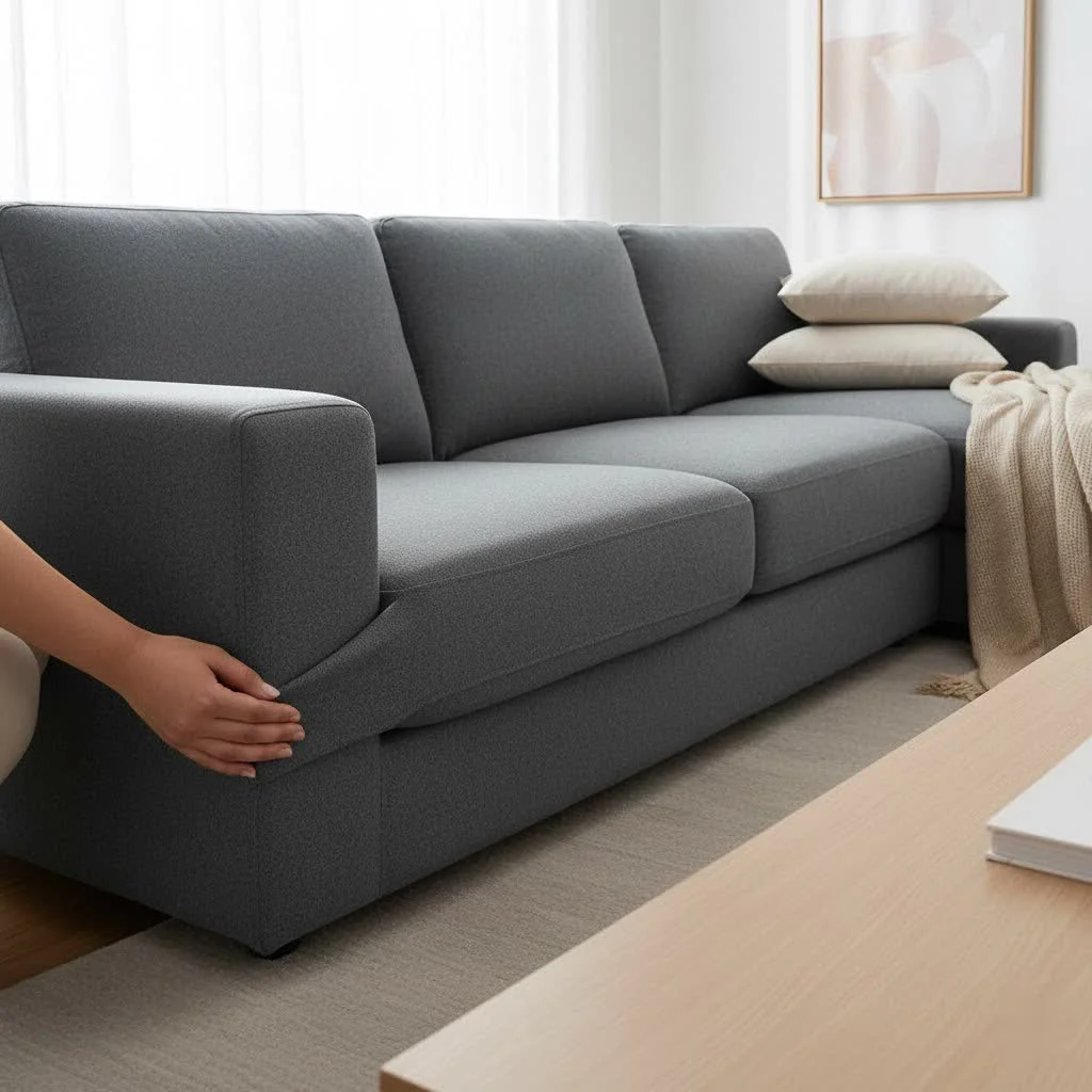 Futon sofa with a stylish cover in a modern living room